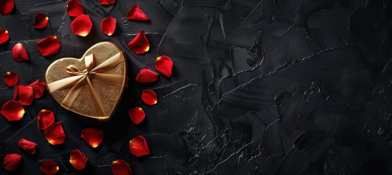 Luxurious heart-shaped gift box adorned with a gold ribbon rests on a textured black velvet backdrop. surrounding it are scattered red rose petals, creating a romantic and sophisticated ambiance suitable for valentine's day designs.