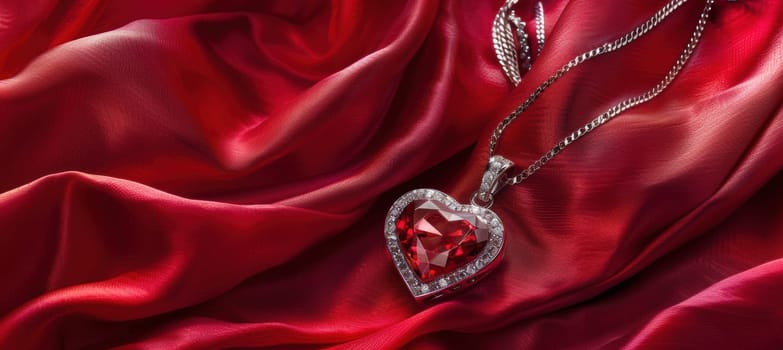Luxurious red silk fabric elegantly draped, showcasing a sparkling heart-shaped pendant. perfect for valentine's day themes, and high-end design projects, leaving ample space for personalized text or branding.