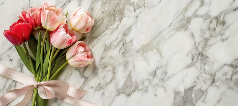 Pink and red tulips tied with a satin ribbon rest elegantly on a marble surface, offering a delicate and romantic design perfect for valentine's day print materials. ample space available for personalized text.