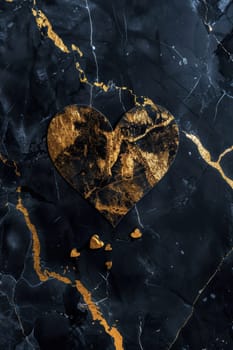 A luxurious valentine's day greeting card features a striking black marble background adorned with a radiant metallic gold heart at the center. this modern and chic design is ideal for a sophisticated romantic gesture.