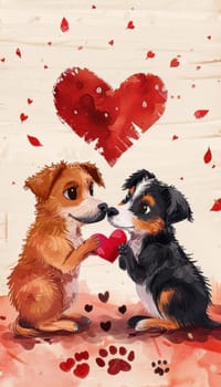 Two adorable dogs share a heart-shaped chew toy beneath a large painted heart. paw prints form a heart shape on the ground, creating a charming and lighthearted valentine's day scene perfect for greeting cards.