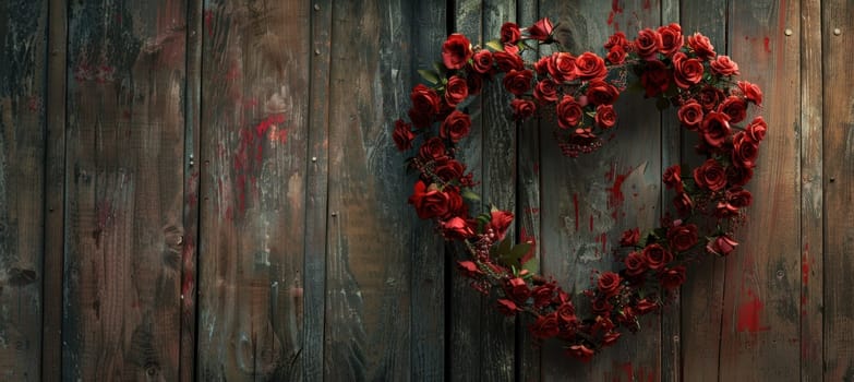 Heart-shaped wreath of red roses hanging on a rustic wooden door, evoking warmth and romance. perfect for valentine's day décor, this image offers space for text, making it ideal for banners or greeting cards.
