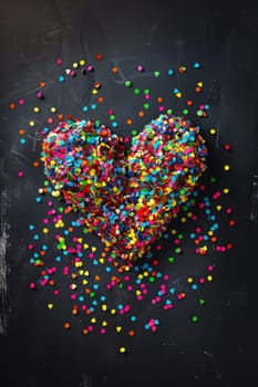 A vibrant valentine's day greeting card features an abstract heart made of colorful confetti against a sleek black background, creating a modern and festive design ideal for celebratory occasions.