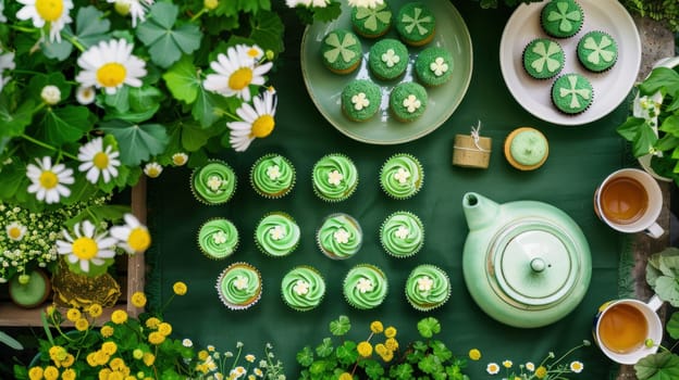 Overhead view of a festive st. patrick's day garden tea party. features green cupcakes, shamrock cookies, a teapot, and floral decorations creating a playful, enchanting atmosphere perfect for celebration.