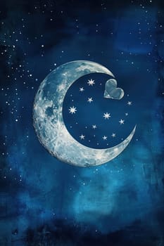 Celestial-themed valentine's day greeting card featuring a heart-shaped moon and twinkling stars against a dark blue night sky. the mystical and magical design adds a touch of romance, perfect for astronomy lovers.