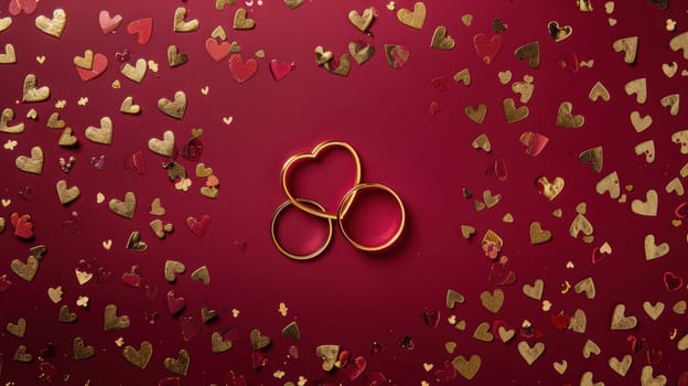 Luxurious valentine's day card featuring a deep red backdrop adorned with scattered gold foil heart patterns. central focus on two intertwined golden rings, symbolizing love and commitment, creating an ideal romantic gesture.