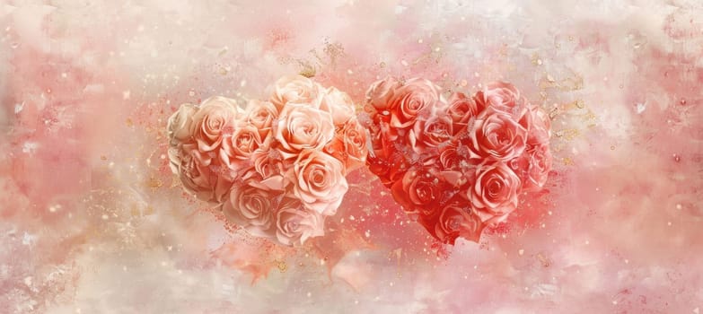 Two intertwined hearts composed of roses in soft pink and red hues are set against a delicate pink background with gold accents, creating a romantic and elegant valentine's day greeting card design.