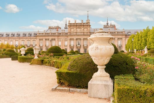 Gardens of the royal palace of La Granja de San Ildefonso, with the facade of the palace in the background