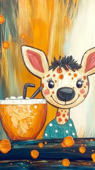 Cute cartoon giraffe with a big smile enjoys a fruity cocktail at the bar. This colorful, whimsical painting will brighten up any room