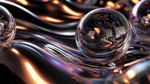 Two glass spheres are standing on a reflective surface, with golden light reflecting on them. The background is dark and mysterious