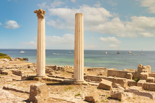 Columns in the Phoenician city of Tharros. Sardinia, Italy