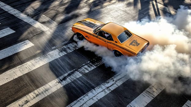 Classic yellow american muscle car is leaving a trail of smoke as it burns rubber while driving through an intersection