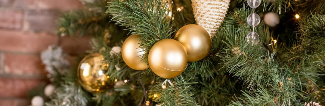 The interior of a room decorated for the holiday. Christmas New Year tree with garlands