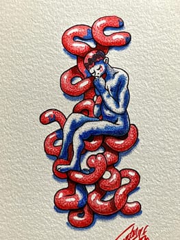 Blue man with dotted skin is feeling trapped and sad, sitting on a red and blue abstract shape, in this illustration about negative emotions