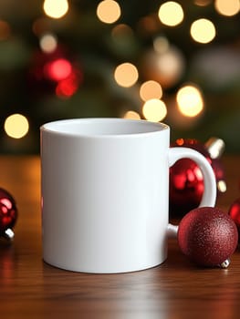 Blank white mug with christmas ornaments on wooden table for holiday designs.