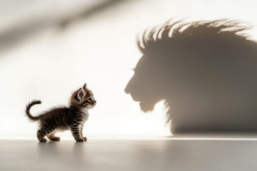 A kitten standing on a isolated background with the shadow of a lion cast behind it..