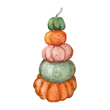 hand drawn illustrations of orange yellow green pumpkins in stack tower, fall autumn organic food vegetable. Thanksgiving Halloween clipart for party invitation celebration decor