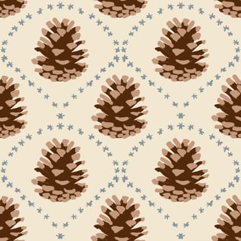 hand drawn seamless pattern with pine conifer spruce branches twigs and cones on beige background, Christmas winter new year print for textile wrapping paper, natural colors green evergreen grey stars