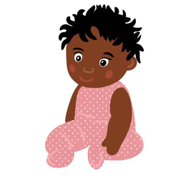 Hand drawn illustration of african american black cute baby girl in pink sitting. Birthday baby shower celebration poster, kids children nursery design in simple shapes colors, funny toddler childhood