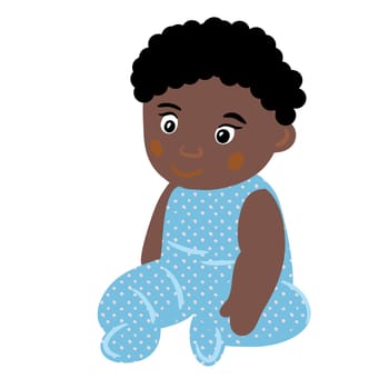 Hand drawn illustration of african american black cute baby boy in blue sitting. Birthday baby shower celebration poster, kids children nursery design in simple shapes colors, funny toddler childhood