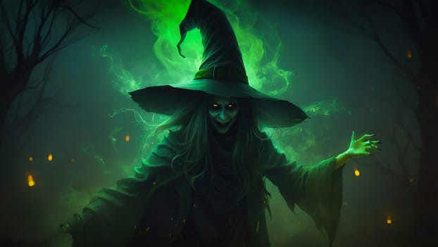 Spooky and scary witch with glowing eyes and a sinister smile, wearing a dark hat, illuminated in ominous green lighting. Perfect for Halloween themes and card inspired designs, good for multimedia content creation