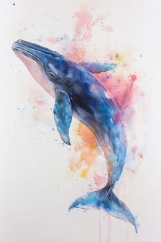 Image of a whale on a light background. Blue whale painted with blue watercolor paint. High quality photo