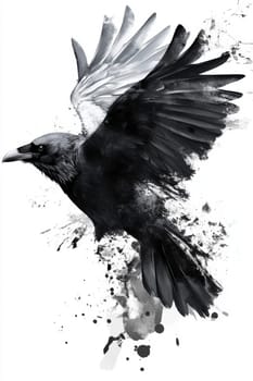 An image of a black crow on a light background. The crow is painted with black watercolor paint or pastel. High quality photo