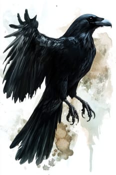 An image of a black crow on a light background. The crow is painted with black watercolor paint or pastel. High quality photo