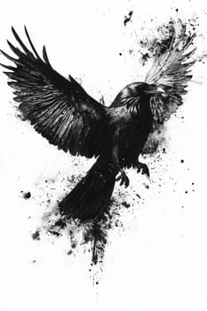 An image of a black crow on a light background. The crow is painted with black watercolor paint or pastel. High quality photo