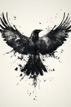 An image of a black crow on a light background. The crow is painted with black watercolor paint or pastel. High quality photo