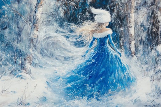 Portrait of a very beautiful woman in a winter forest, a fairy or mistress of the forest walks around her domain. High quality photo