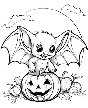 Cute cartoon bat with big eyes and a smile, standing on a pumpkin with a Jack-o-lantern face, surrounded by pumpkins.