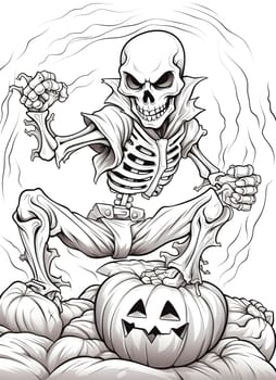 A cartoon skeleton is standing on a pumpkin, with a spooky look on its face. The skeleton has a ghostly aura surrounding it.