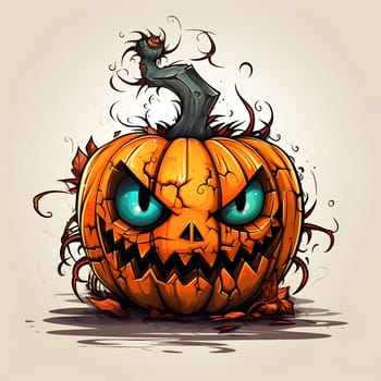 A scary illustration of a pumpkin with evil eyes and a wicked grin. The pumpkin is carved with a scary expression and surrounded by vines and leaves. This image would be perfect for Halloween decorations or greeting cards.