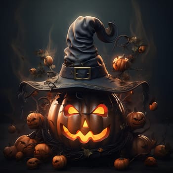 A spooky jack-o'-lantern with a witch's hat surrounded by smaller pumpkins. The image is full of Halloween spirit and creepy atmosphere.
