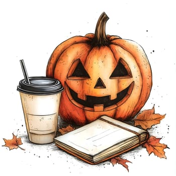 A hand-drawn illustration of a jack-o'-lantern pumpkin, a coffee cup, and a notebook, all set against a white background, perfect for the fall season.