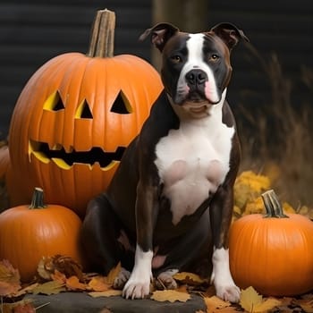 A dog sits beside a jack-o'-lantern, looking at the camera with a happy expression. The image is set in a studio, with the dog sitting on a backdrop of leaves.