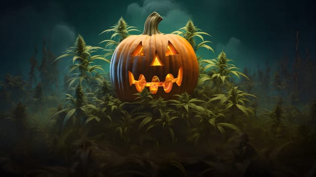A glowing jack-o'-lantern carved into a pumpkin sits amidst a field of cannabis plants under a dark and misty sky. The scene evokes a spooky and eerie atmosphere, perfect for Halloween.