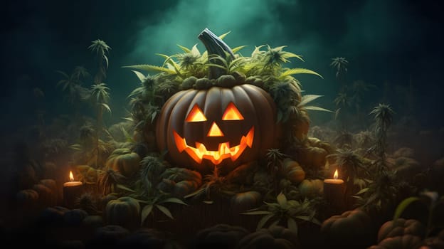 A spooky jack-o'-lantern with glowing eyes sits nestled in a dark forest, surrounded by candles and an eerie fog.