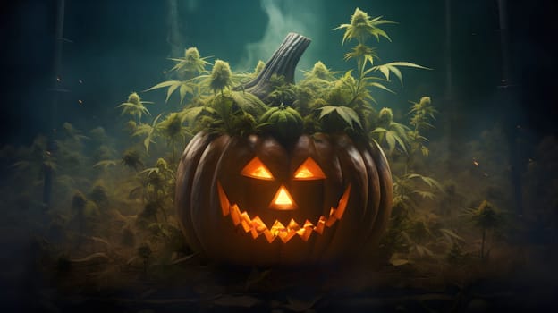 A spooky jack-o'-lantern sits in a dark forest with fog, surrounded by green leaves, glowing with an eerie light. A creepy and mysterious scene.