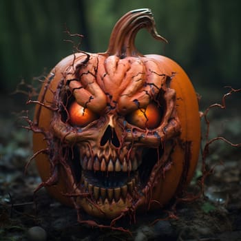 Close up of a scary halloween pumpkin with glowing eyes.