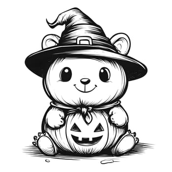 A cute bear wearing a witch hat and holding a jack-o'-lantern pumpkin. The bear is drawn in a cartoon style and is perfect for Halloween decorations or illustrations.