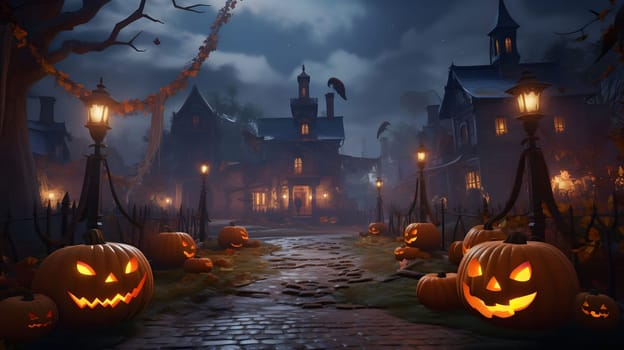 A spooky Halloween night in a village filled with jack-o-lanterns, spooky houses, and a mysterious fog.