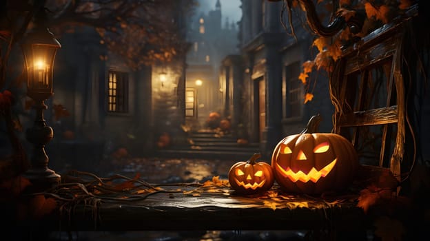 A spooky Halloween scene with jack-o-lanterns glowing on a wooden table in front of a vintage chair. The street is dark and foggy with vintage streetlights shining in the distance.