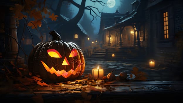 A jack-o-lantern glows brightly on a wooden table in front of a spooky old cottage on a Halloween night.