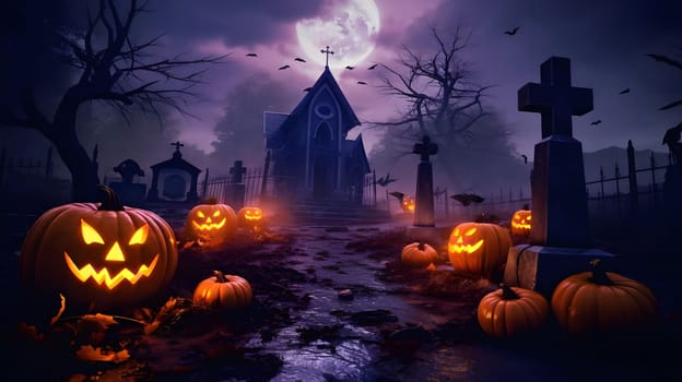 An eerie and atmospheric scene of a spooky cemetery on a Halloween night. Jack-o'-lanterns illuminate the path leading to a haunted church with a full moon in the background.