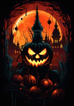 A menacing jack-o-lantern looms over a haunted castle under a blood red moon. The scene is full of spooky Halloween vibes, with spooky trees and pumpkins scattered around the base of the lantern.