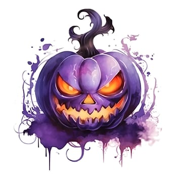 A digitally painted purple pumpkin with a menacing smile and glowing eyes, perfect for a spooky Halloween celebration