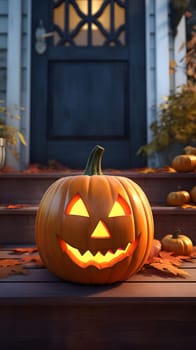 A carved jack-o-lantern sits on the porch steps, lit up and glowing on Halloween night. The pumpkin is a classic symbol of the holiday, and its spooky smile adds a touch of fun to the scene.