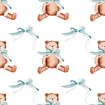 Bear pattern watercolor. Watercolor ornament with toys hand drawing. Illustration of a teddy bear with a bow on a white background. Children's design. Ideal for children's textiles, diapers and underwear